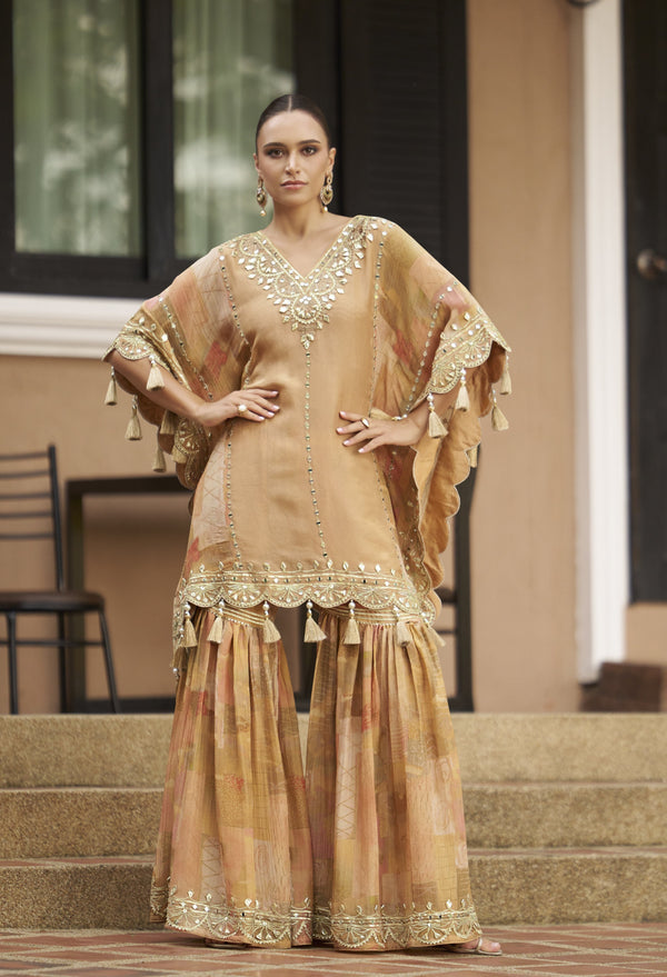 ceremonial wear mirror work kaftan style kurta paired with gharara