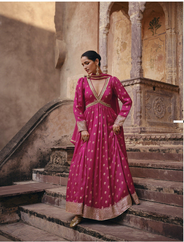 Marriage Wear Pink Silk Indo Western Anarkali Gown - Fashion Nation