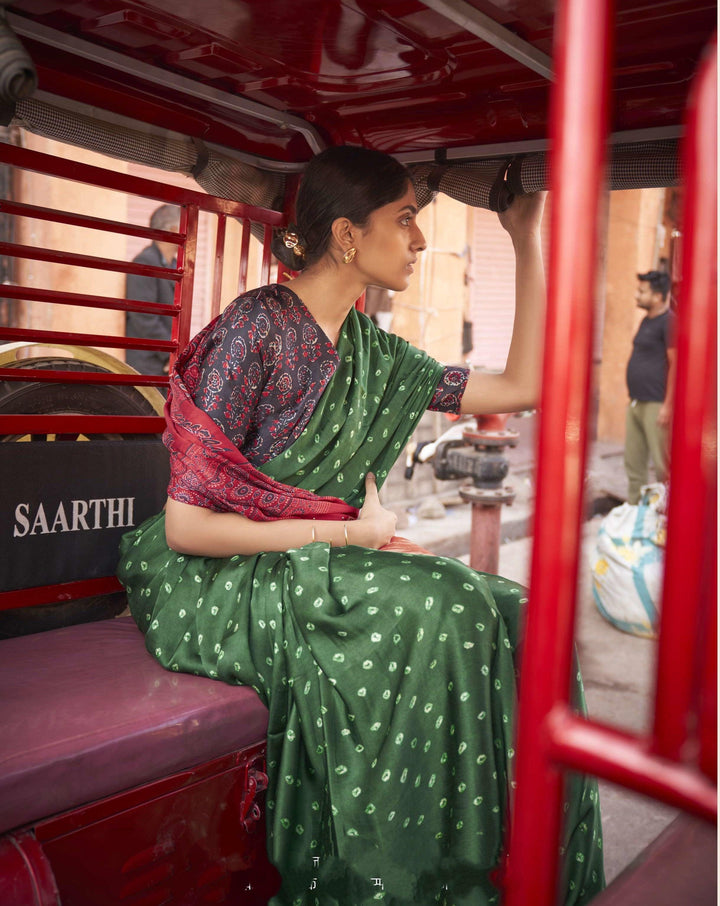 Mehendi Wear Bandhej Green Gaji Silk Saree | Rajasthani Ajrakh Blouse - Fashion Nation