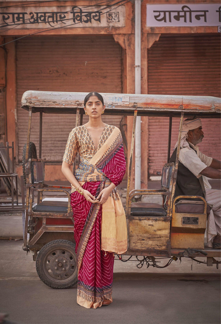 Bandhani Printed Pink Lagdi Patta Gaji Silk Sari For Sangeet Partywear - Fashion Nation