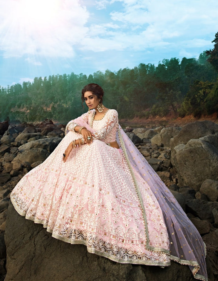 Party Wear Designer Pink Net Lucknowi Lehenga - Fashion Nation