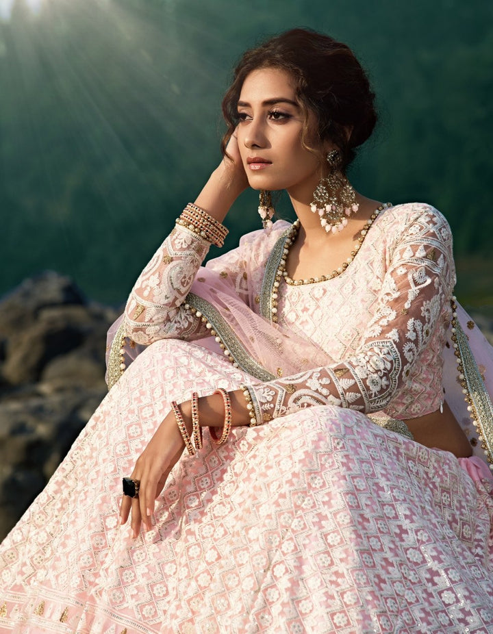 Party Wear Designer Pink Net Lucknowi Lehenga - Fashion Nation