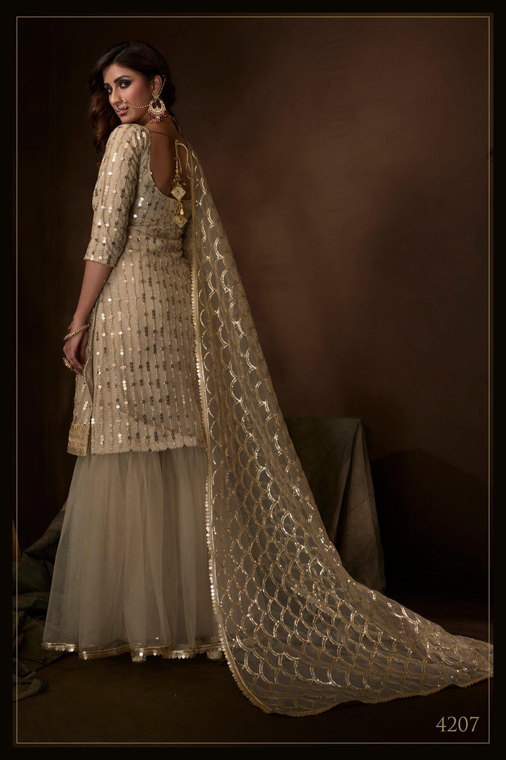 Sangeet Special Beige Golden Net Attractive Sharara Suit - Fashion Nation