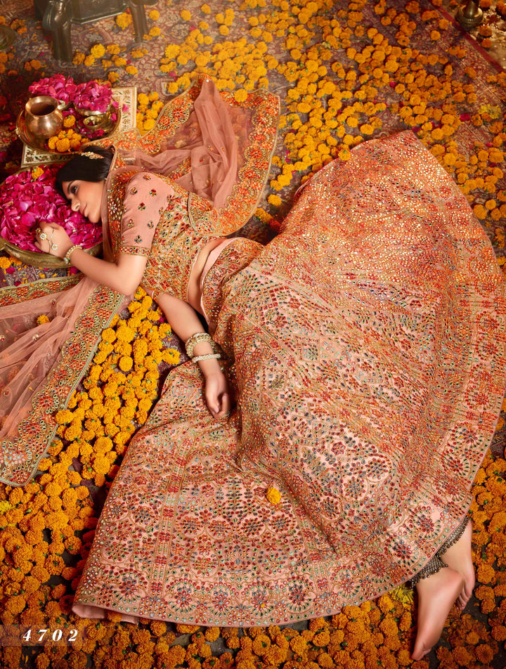 Ceremonial Wear Peach Organza Silk Traditional Lehenga Choli - Fashion Nation