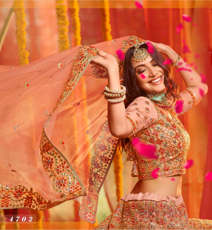 Ceremonial Wear Peach Organza Silk Traditional Lehenga Choli - Fashion Nation