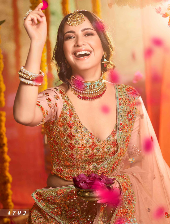 Ceremonial Wear Peach Organza Silk Traditional Lehenga Choli - Fashion Nation